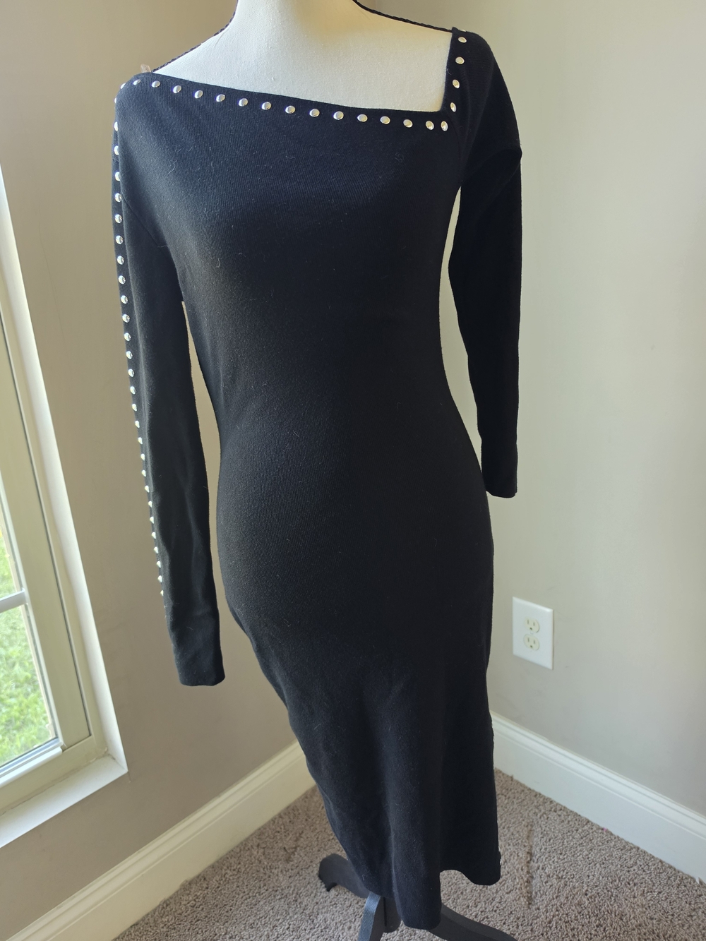 bebe Black Studded Asymmetrical Rib Knit MidBlack Studded Long-Sleeve Knit Dress